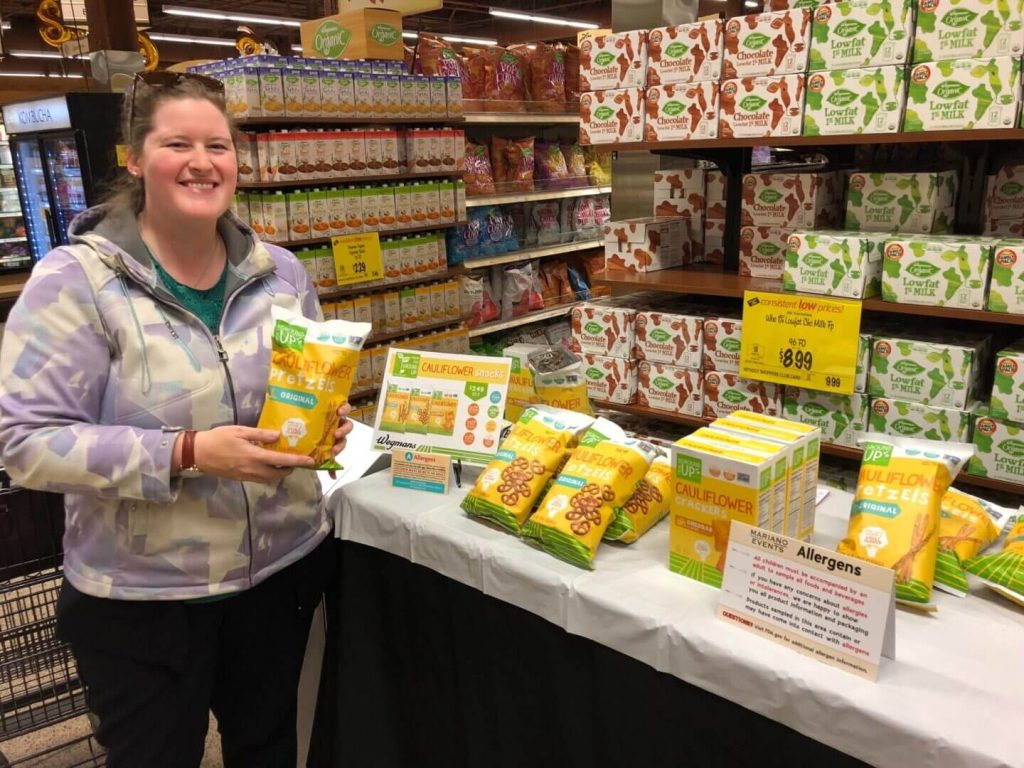 Ground Up cauliflower crackers and pretzels sampling at Wegmans